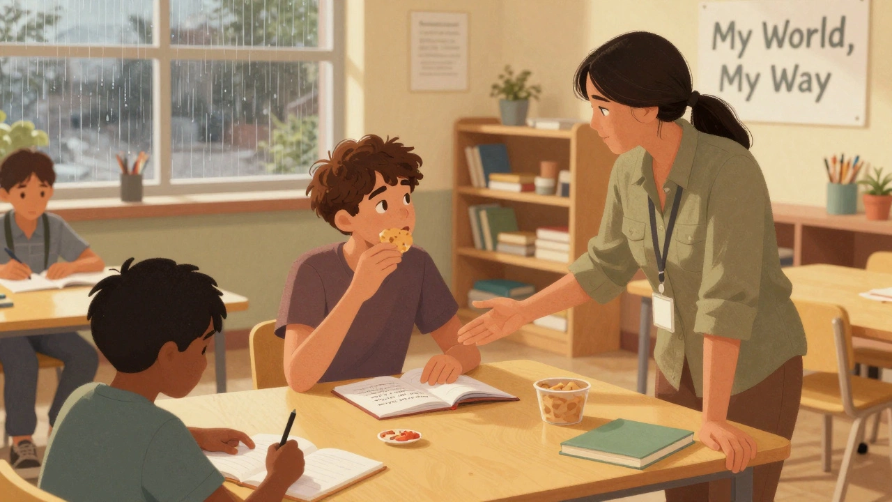 A teen writing poetry in a community center after school, with mentorship and a snack nearby, warm lighting.