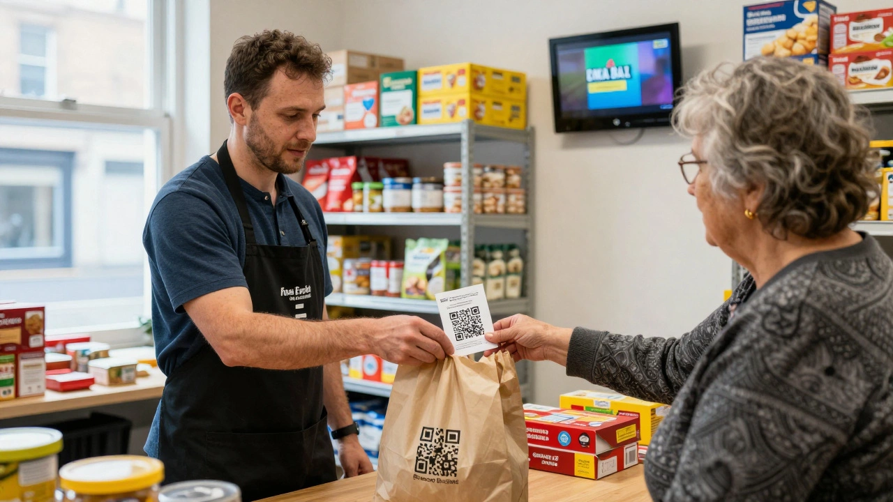 A volunteer hands a grocery bag with a QR code info card to an elderly customer.