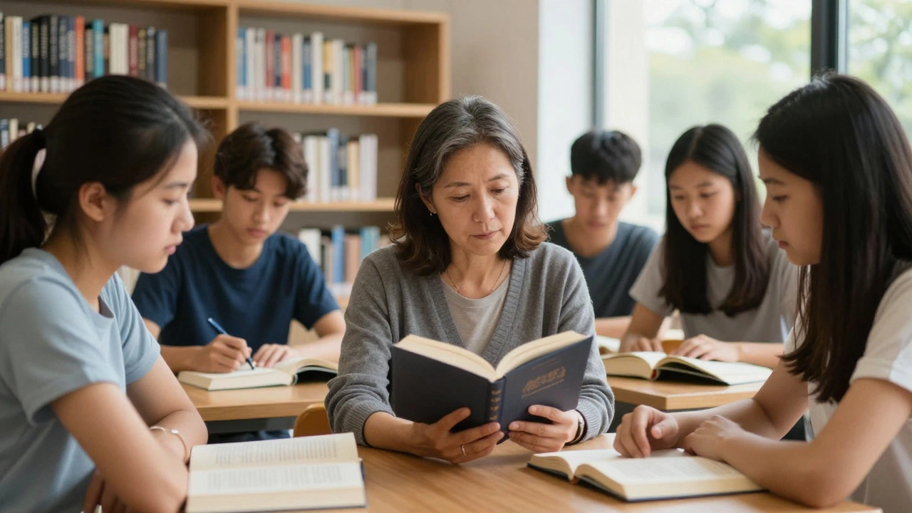 A woman reading to teens in a library, sunlight streaming through windows.