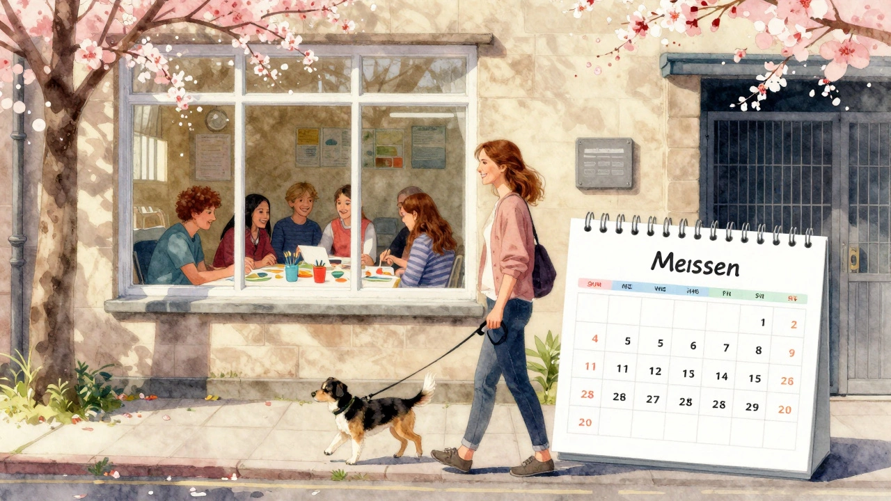 A woman walks her dog past a shelter, her calendar showing one monthly volunteer shift—balanced and peaceful.