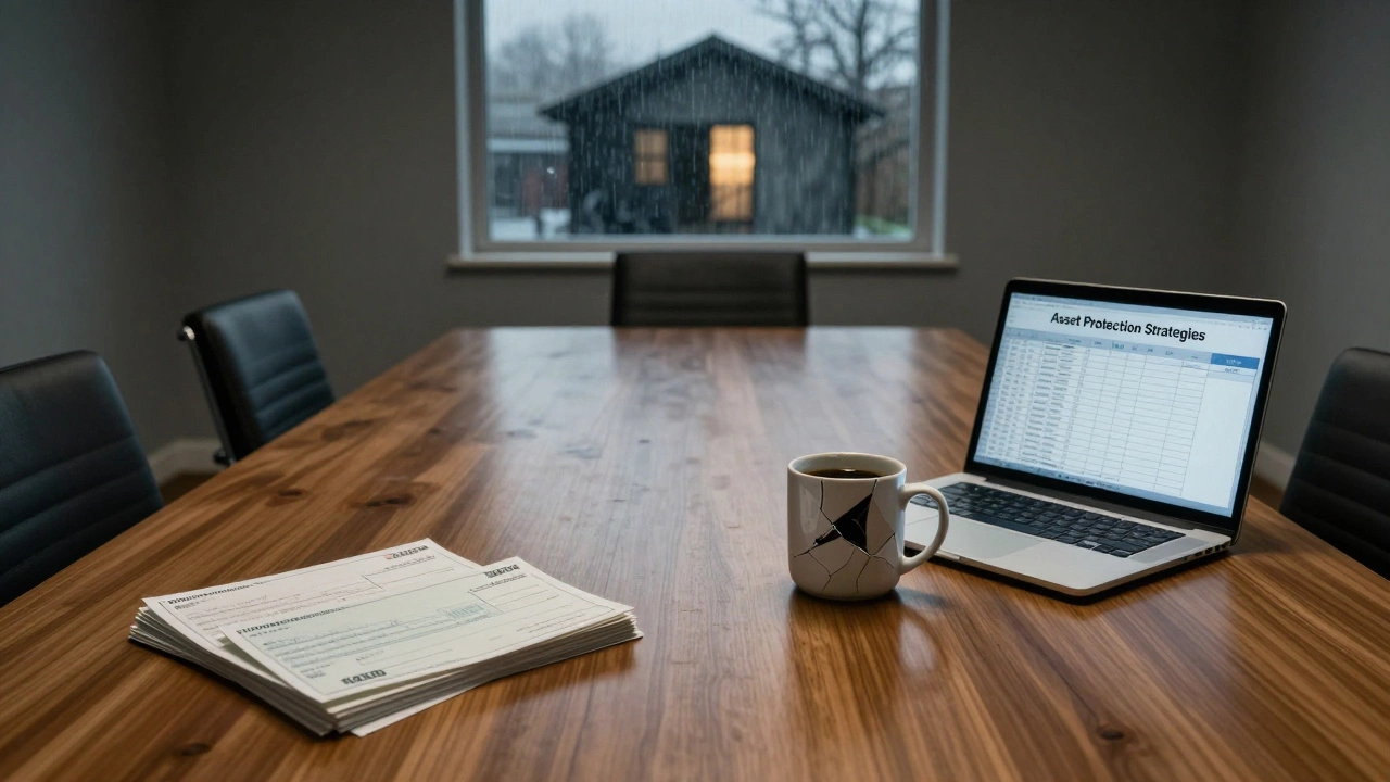 An empty boardroom with unmailed checks and a laptop showing wealth protection strategies, while a shelter is visible outside.