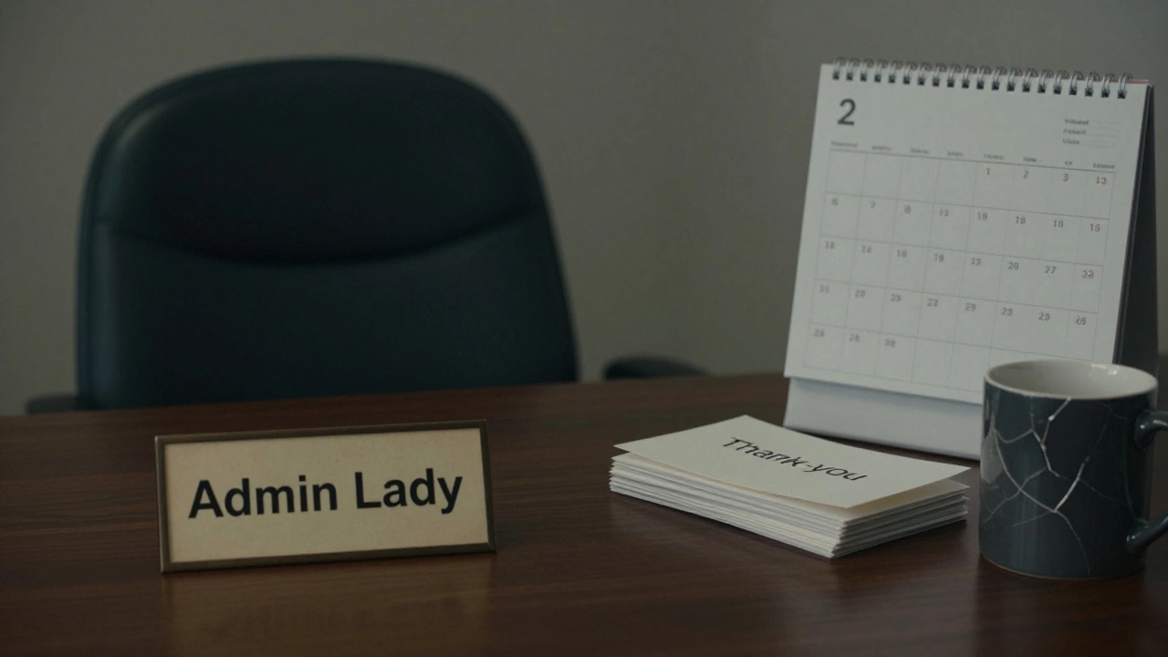 An empty desk with a faded 'Admin Lady' name tag and unopened thank-you cards.