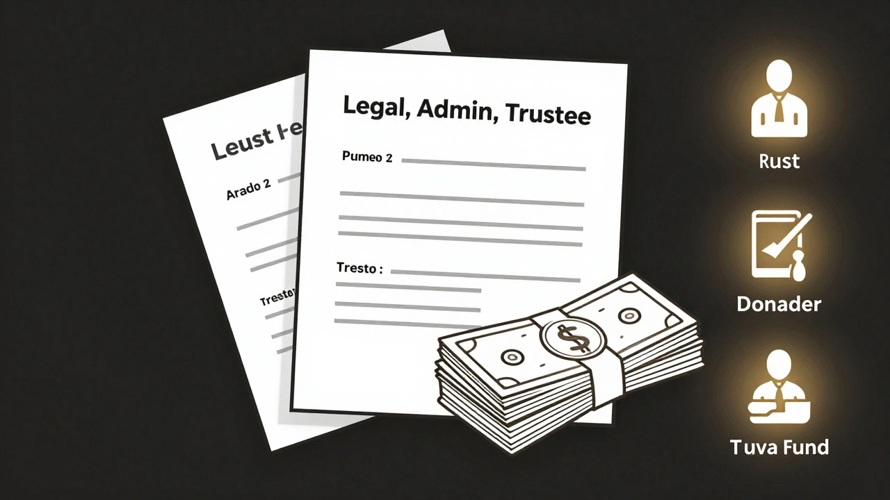 An open trust document with rising fees consuming cash, while simpler donation alternatives glow softly in the background.