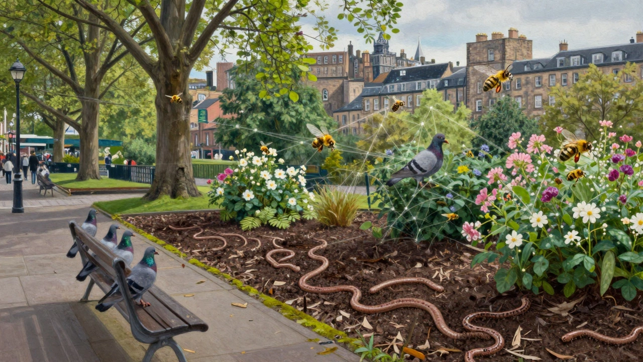 An urban park in Edinburgh showing trees, pigeons, bees, earthworms, and moss growing on pavement.