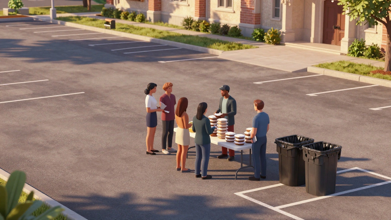Charity group distributing meals in church parking lot