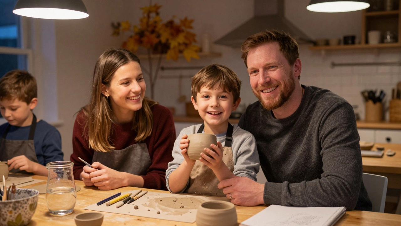 Child proudly showing handmade pottery piece to family members