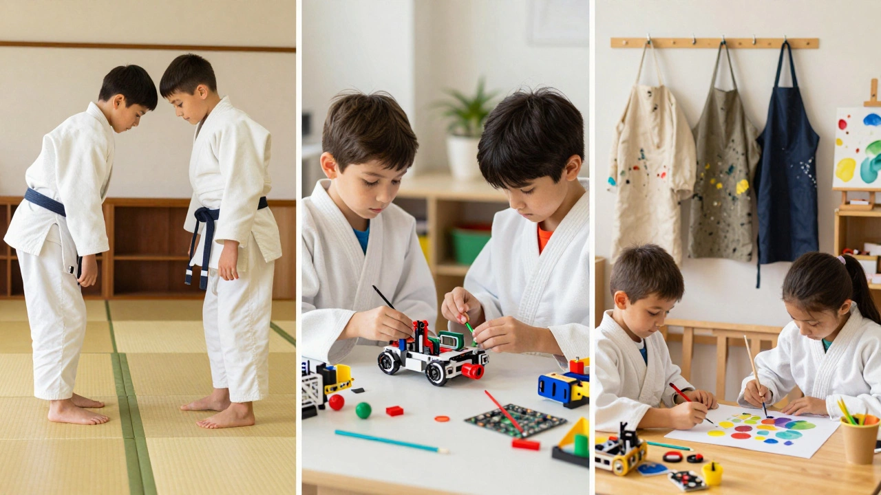 Children participating in martial arts, robotics, and art studio activities