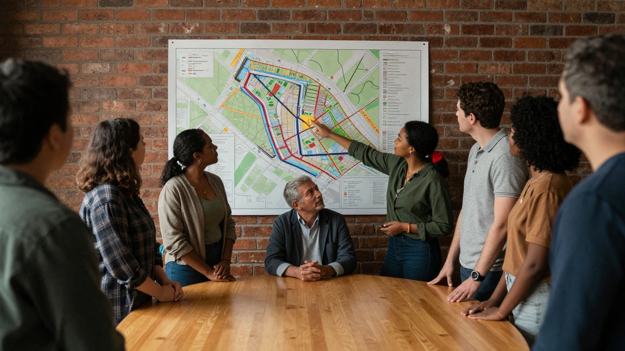 Community group discussing plans around a table with a map.