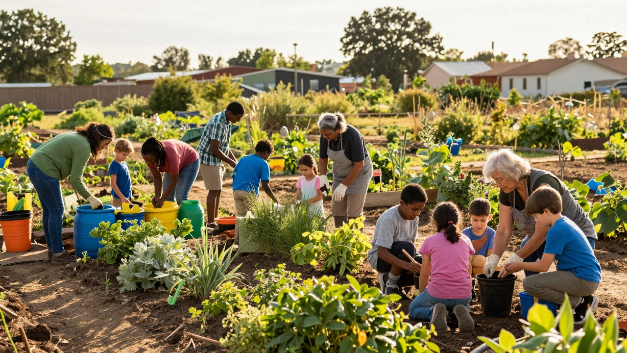 Diverse community members tending a vibrant urban community garden.