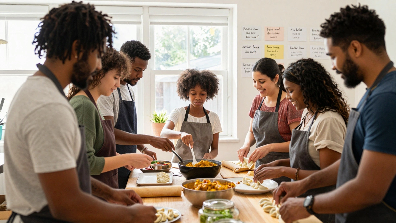 Diverse people cooking together in a community kitchen, learning English through shared meals and laughter.