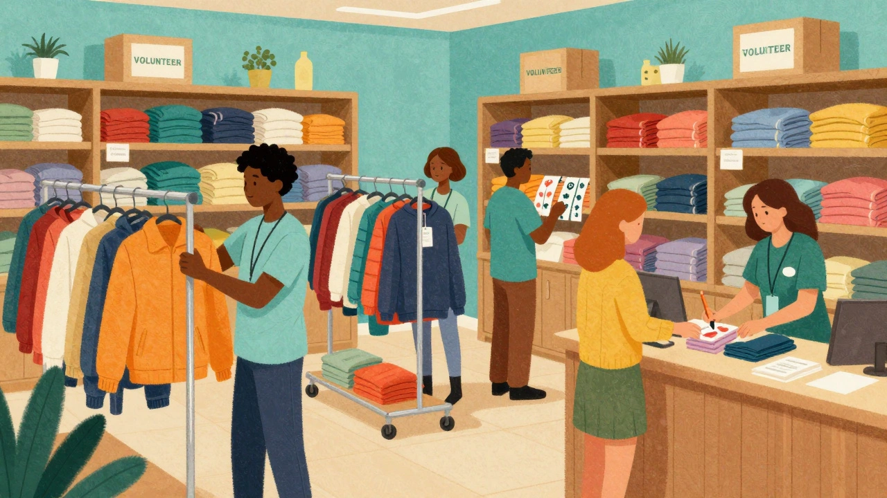 Diverse volunteers working together arranging merchandise displays