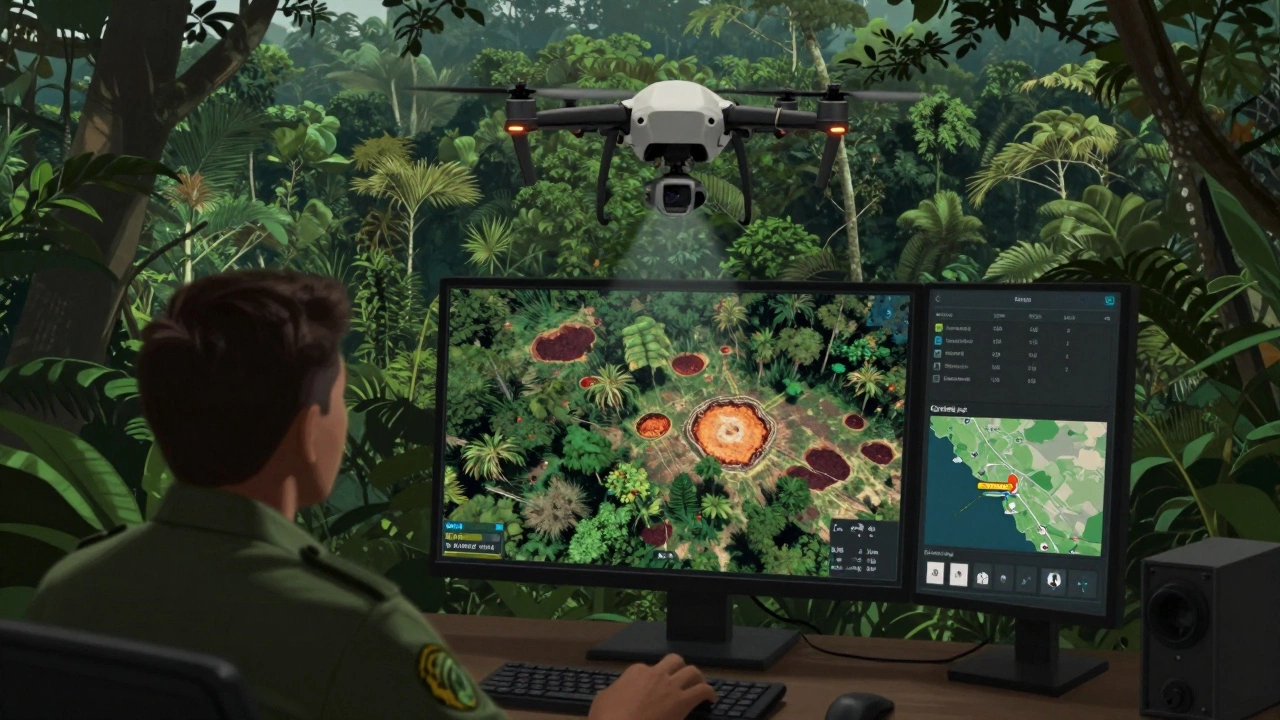 Drone transmitting illegal logging data to a ranger in the Amazon rainforest.