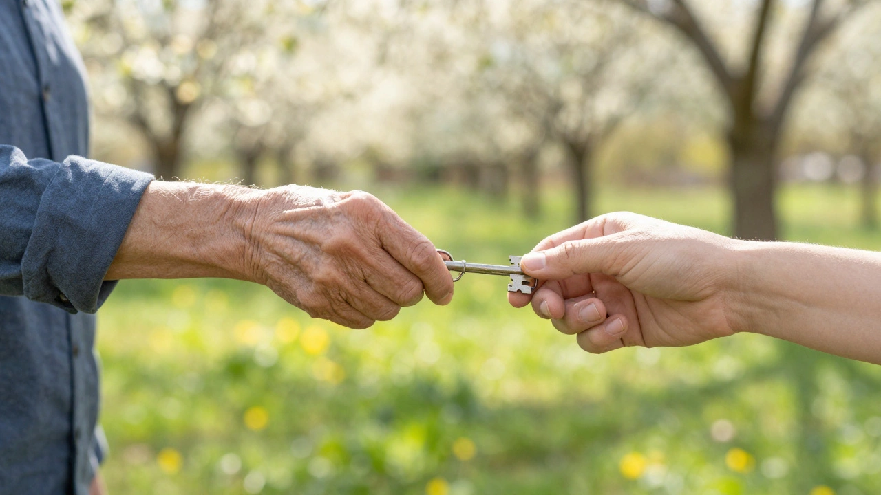Elderly person handing plain key to younger person outdoors in spring sunlight.