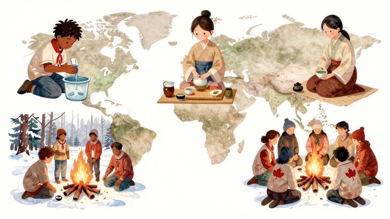 Global scenes of Scouts learning skills: water filter, tea ceremony, campfire.