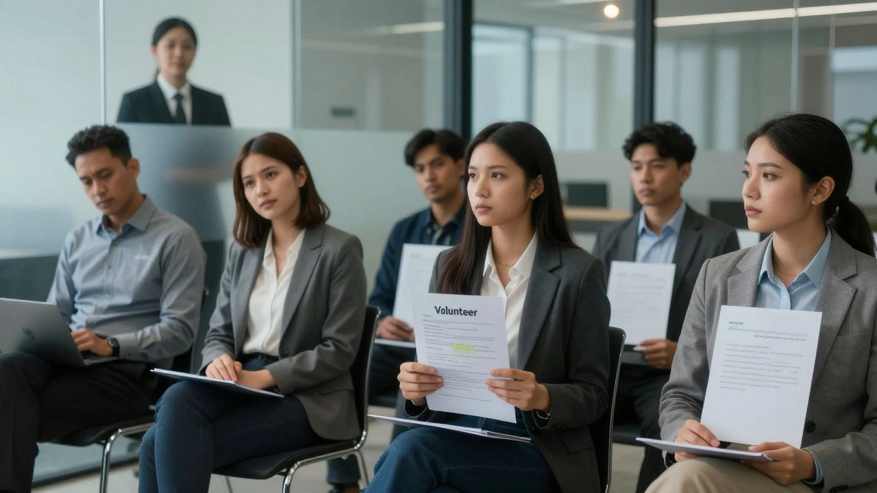 Job applicants in a modern office, one confidently holding a resume with volunteer experience while others look uncertain.