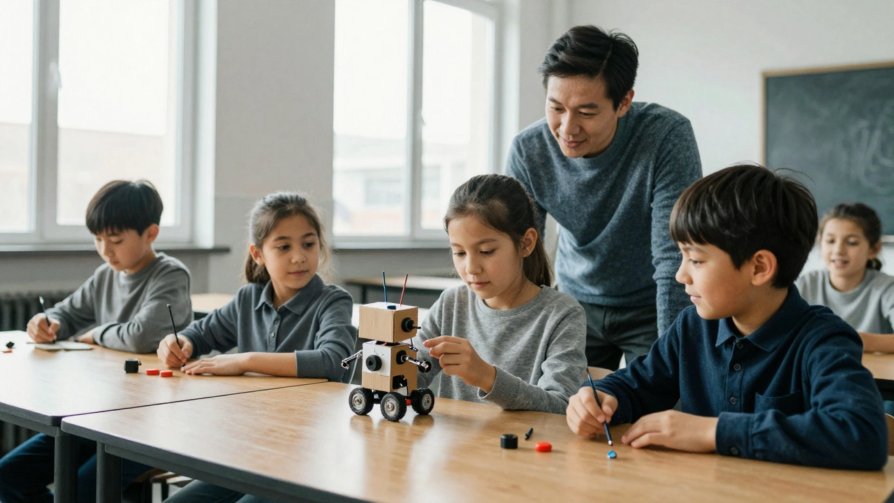 Kids focused on building a simple robot at a school after-school club.