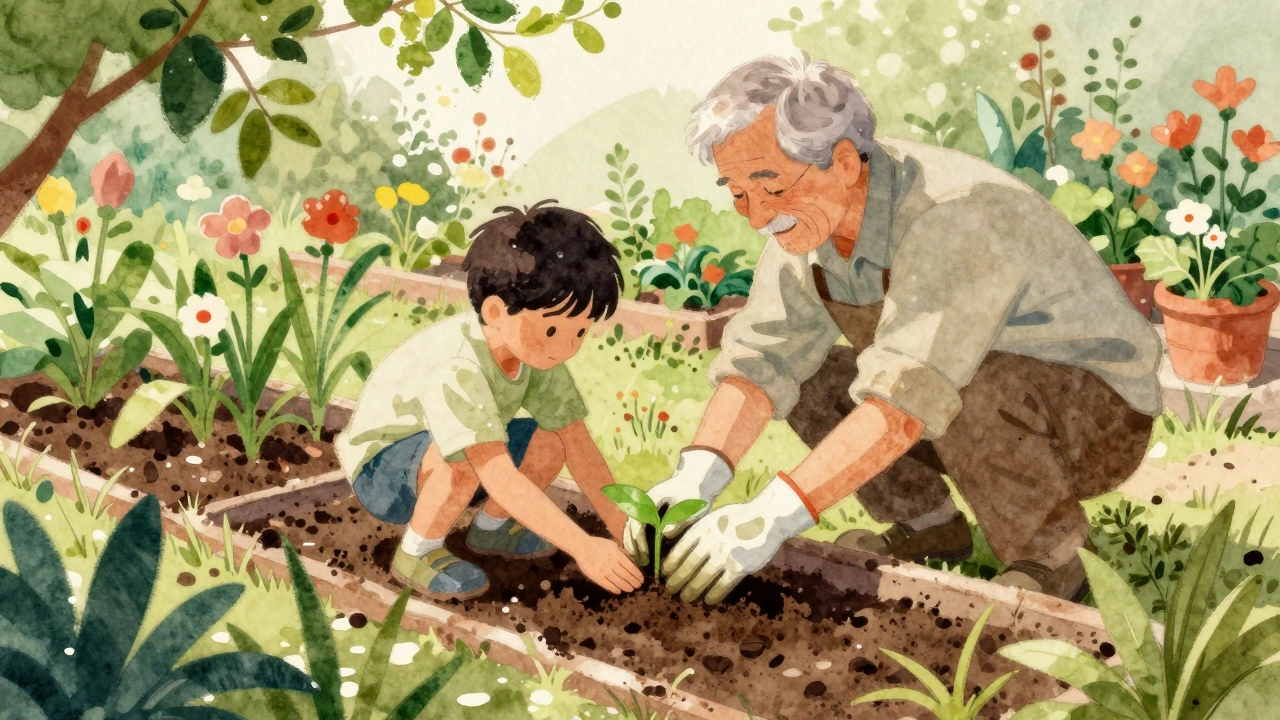Mentor teaching a younger person gardening skills in a community garden.