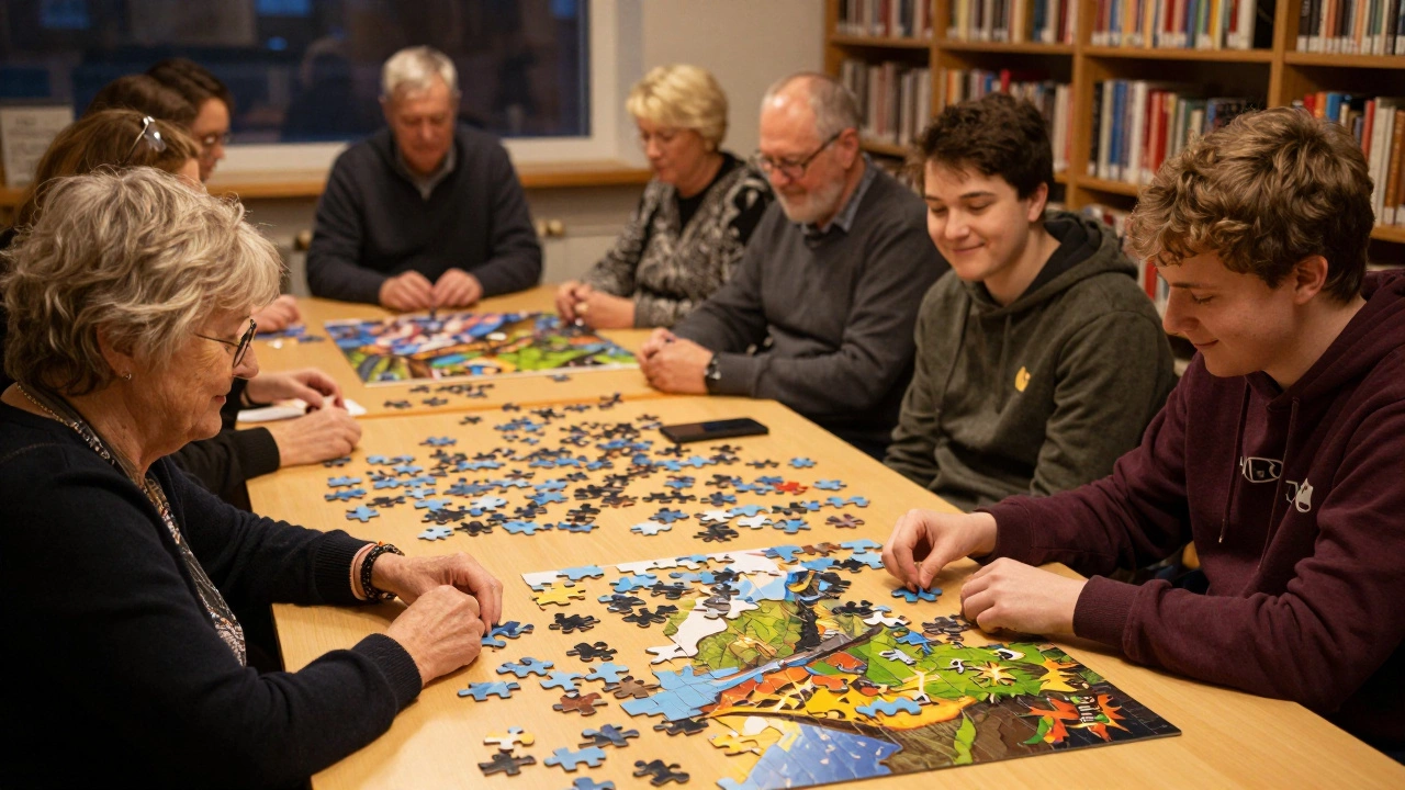 People working together on a large jigsaw puzzle in a library, soft lamplight and quiet focus in the air.