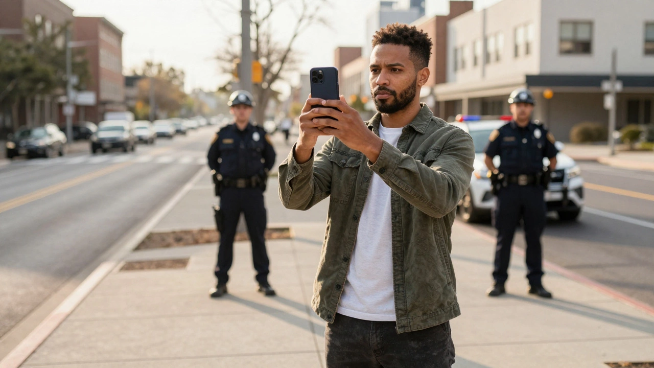 Person holding a phone on a sidewalk with an officer in background.