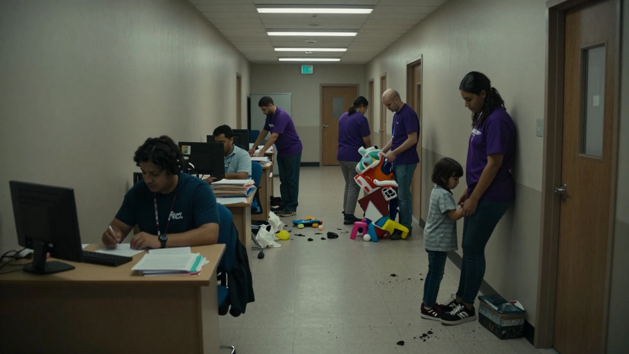 Six volunteers work tirelessly in a community center while one paid employee handles paperwork.