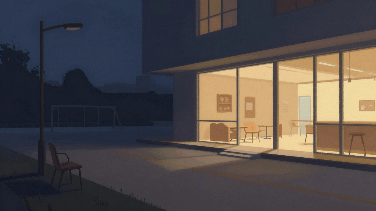 Split artwork showing a dark street area and a lit shelter entrance.