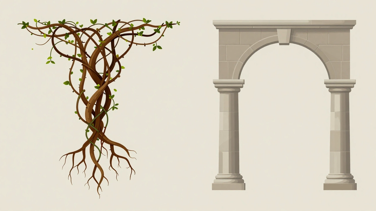 Split illustration of organic vines on left and stone columns on right showing contrast.