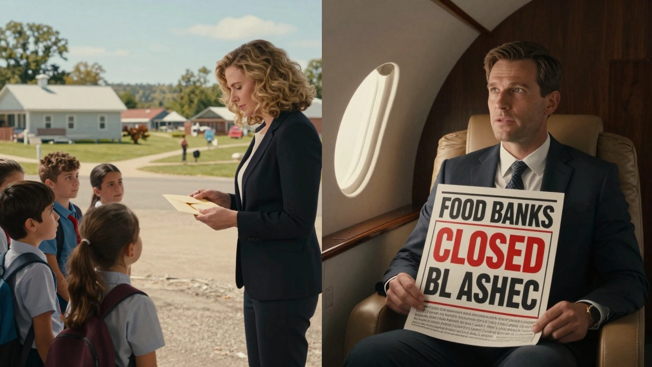Split scene: a quiet donation to a school versus a billionaire in a jet ignoring news of closing food banks.