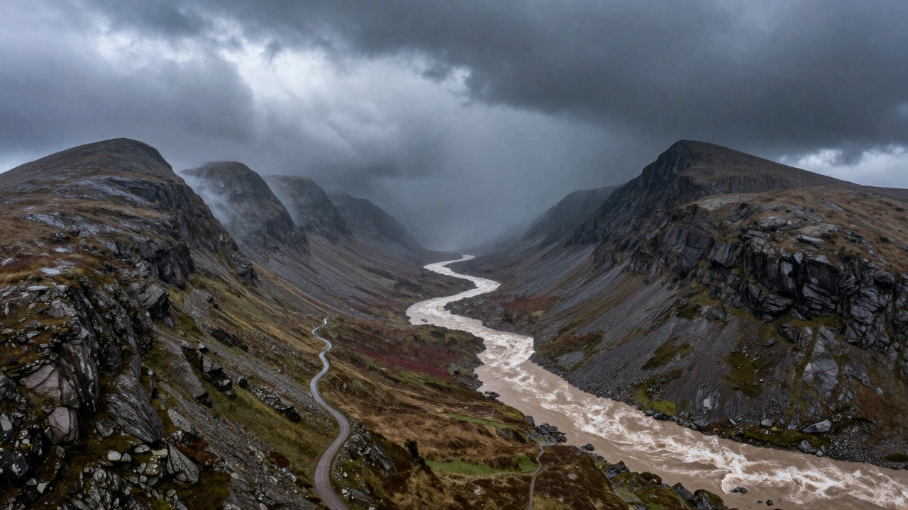 Stormy mountains in Scotland with flooding rivers and melting glaciers under dark clouds.