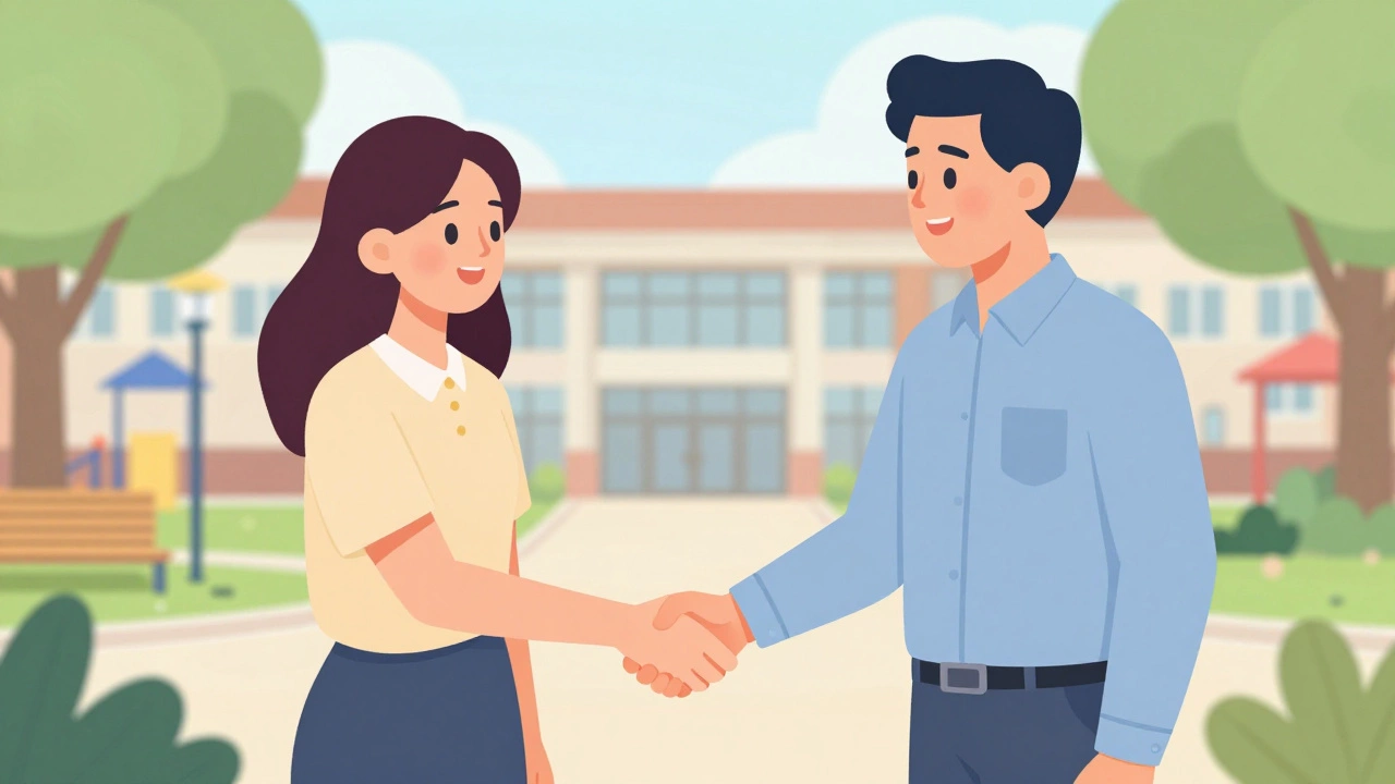 Teacher shaking hands with a community partner outside a local library building.