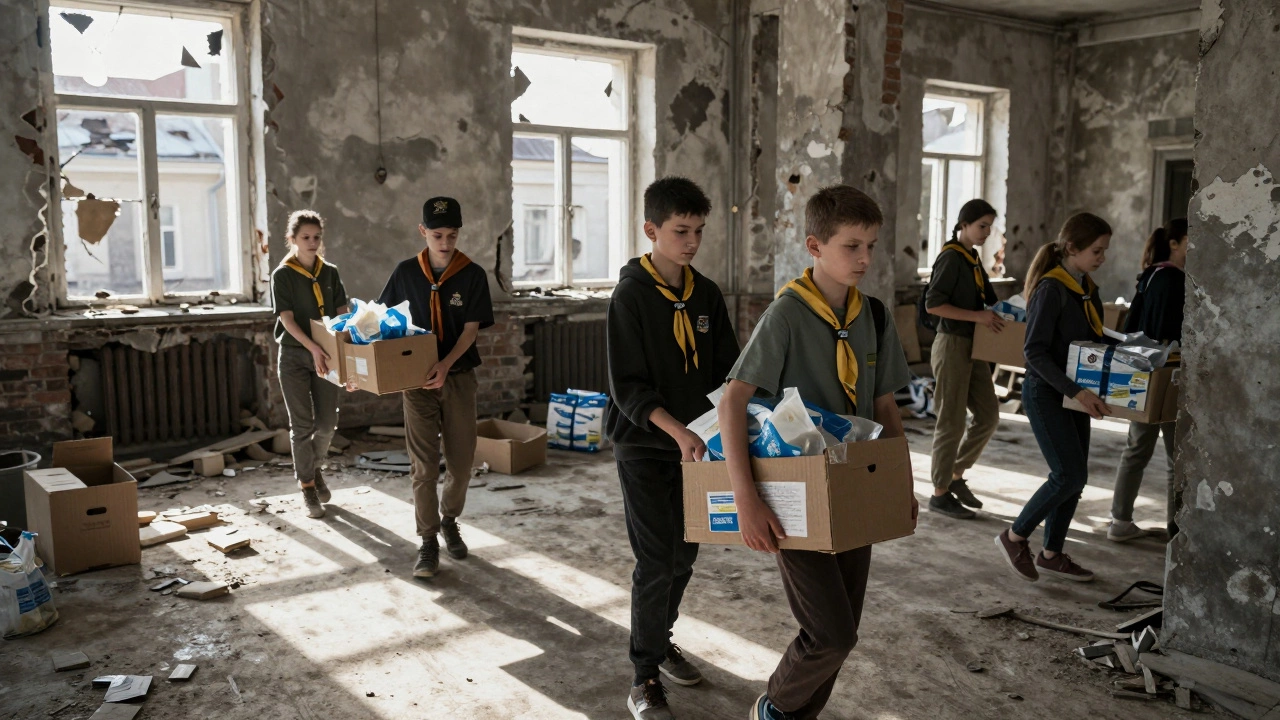 Teen Scouts distributing food to refugees in a converted church shelter.