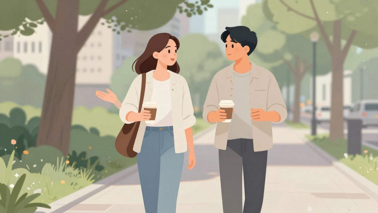 Two friends walking and talking in a city park