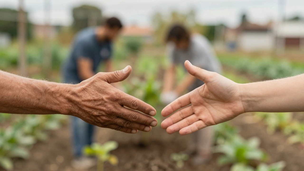 Two hands connecting as they plant a tree together in a growing community garden.