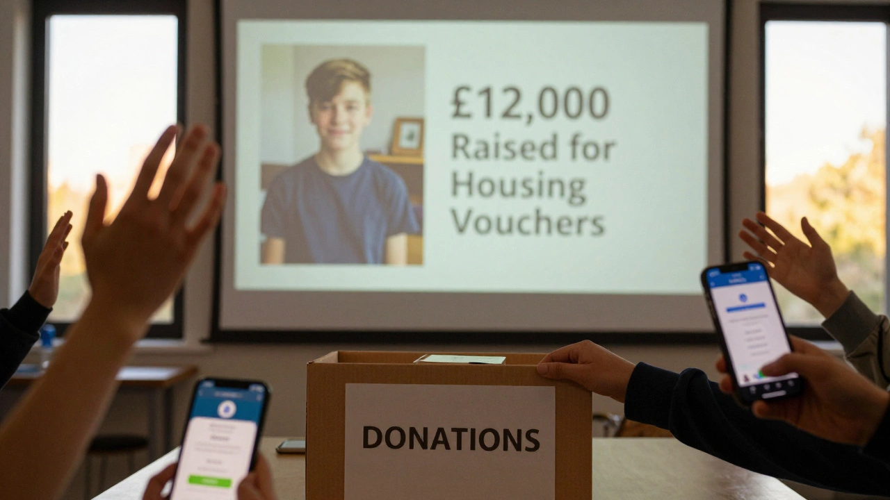 Volunteers collecting donations during a paddle raise as a real beneficiary's photo is projected.