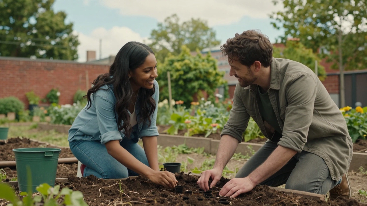 Volunteers planting seeds together in a community garden