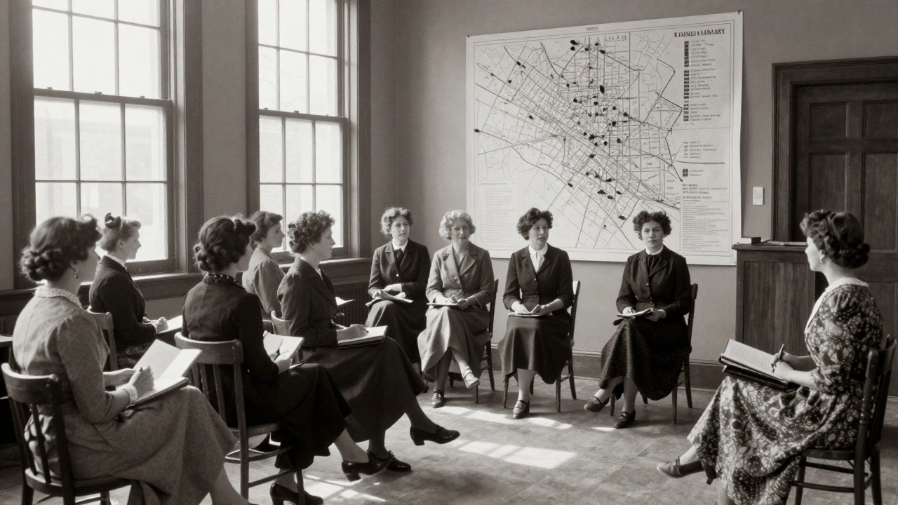 Women in early 1900s America planning community reforms around a map, holding books and taking notes.