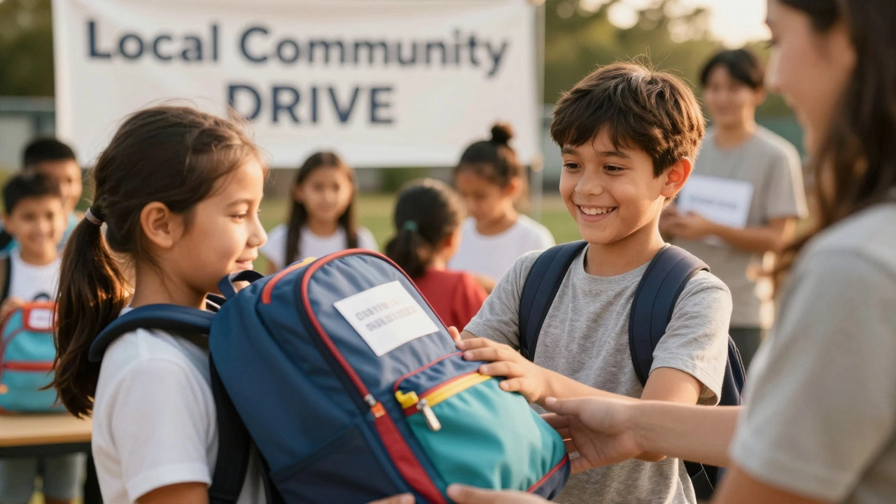 A child smiling while receiving a new backpack at a charity distribution event