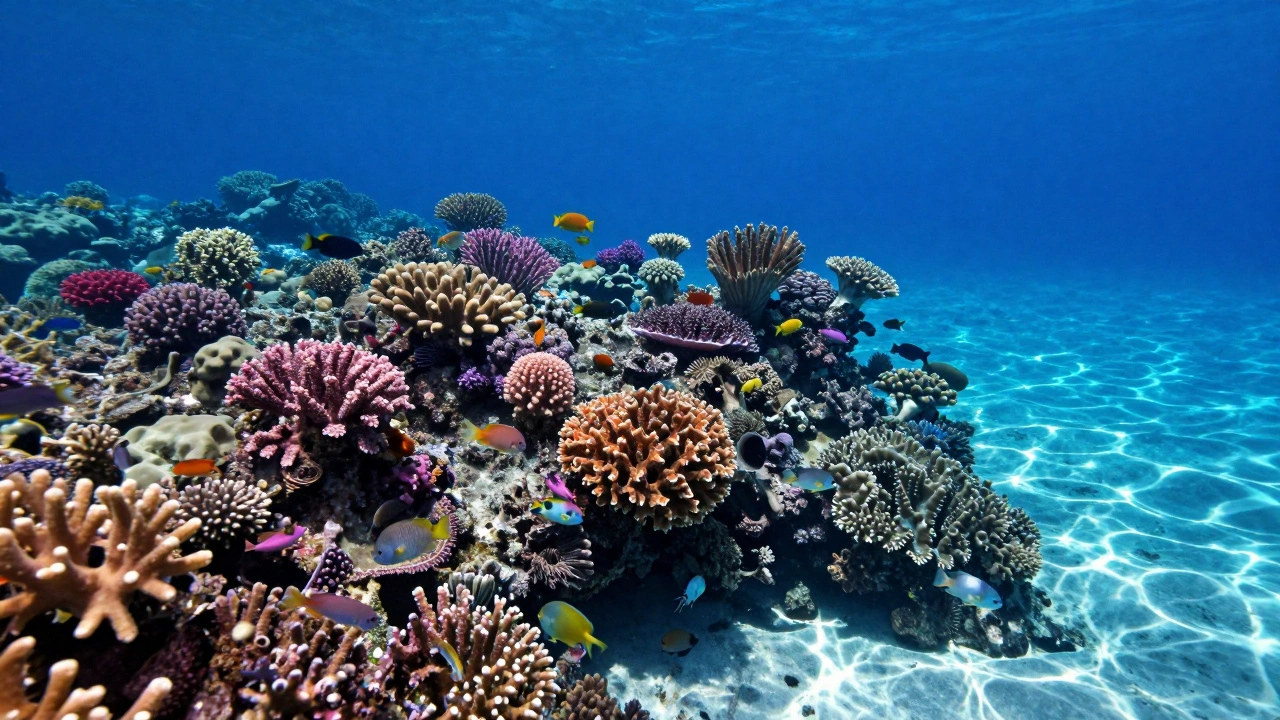 A colorful coral reef teeming with tropical fish in clear blue ocean water.