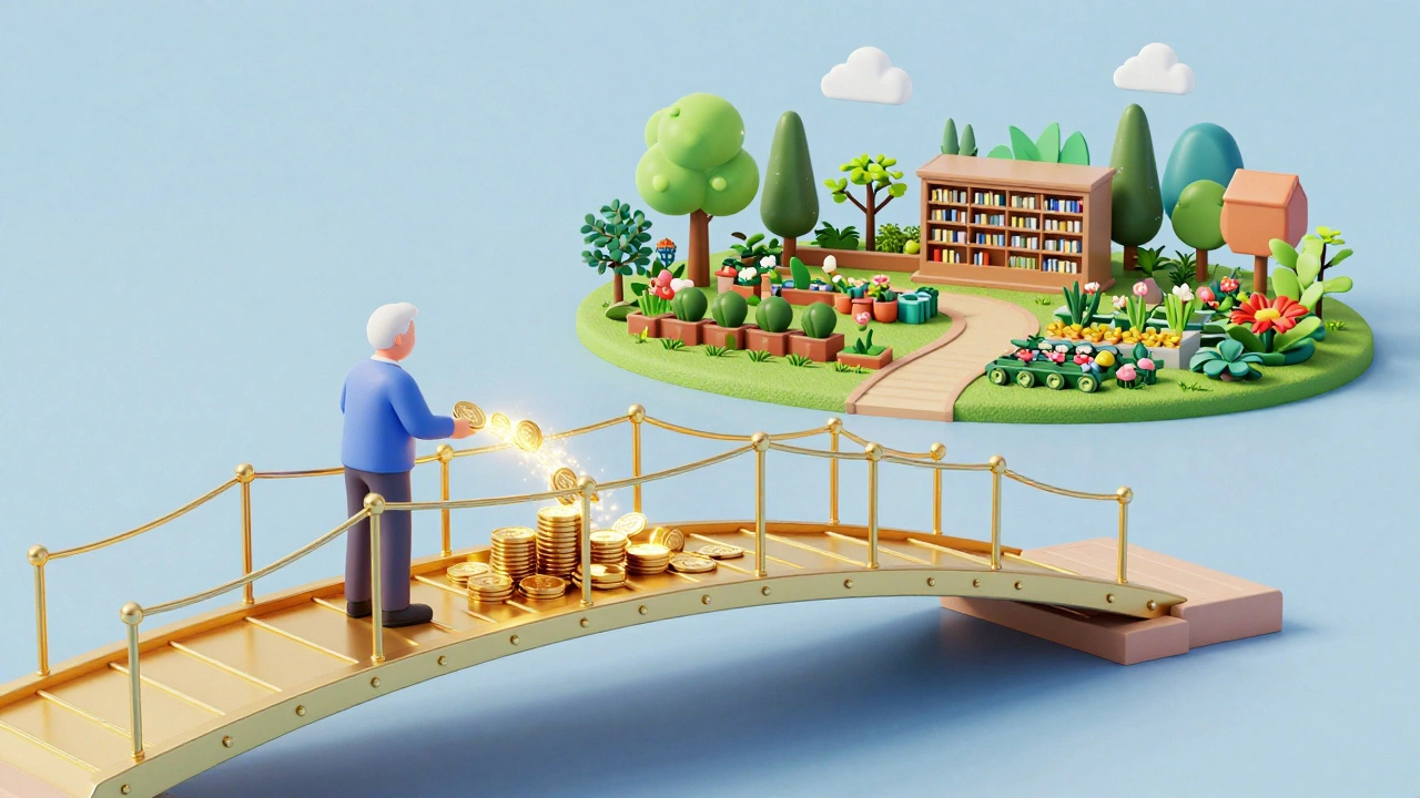 A conceptual golden bridge showing a flow of income to a person and assets leading to a public charity.