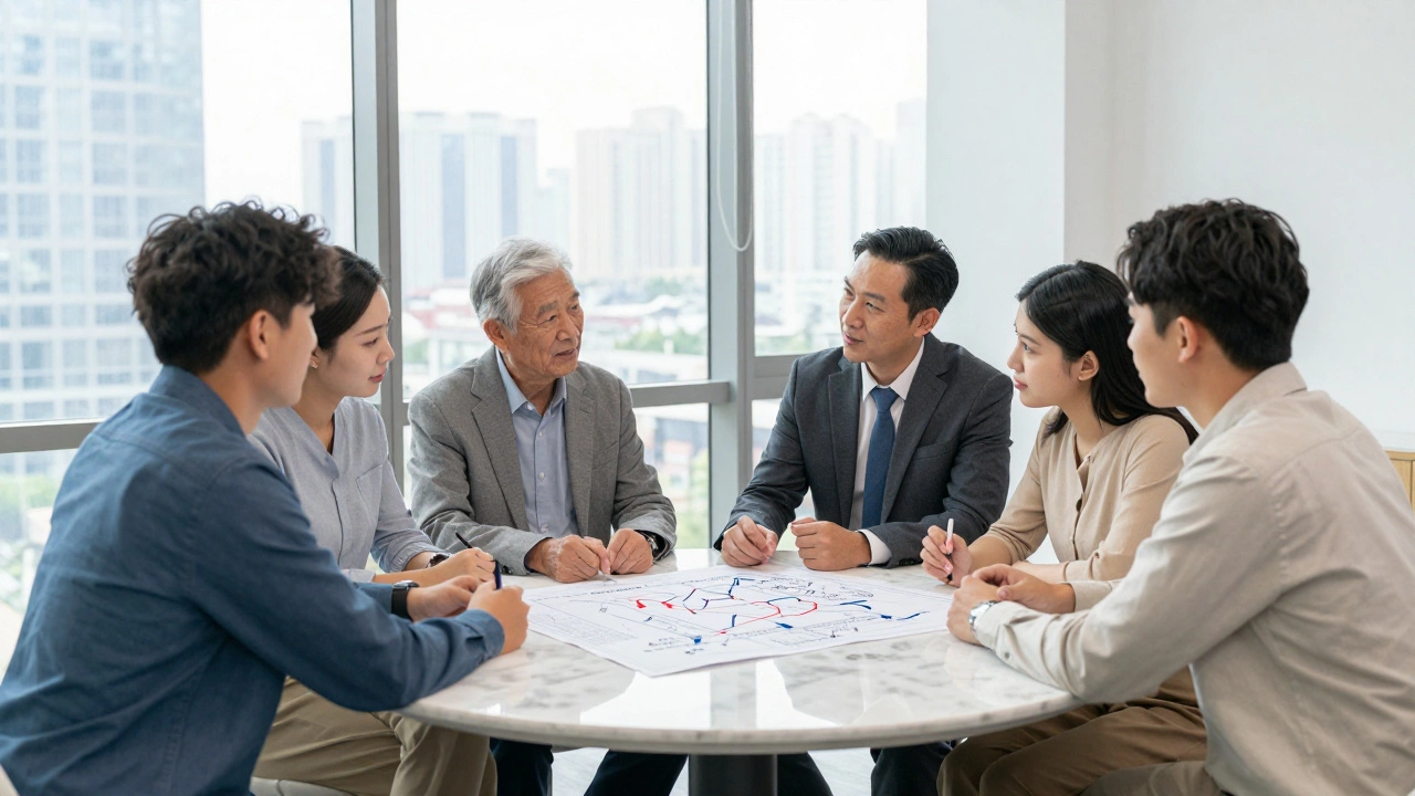 A donor, trustee, and family member discussing a philanthropic plan around a marble table.
