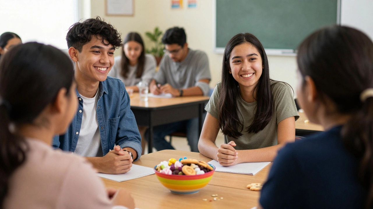 A friendly student welcoming a new member to a club meeting with snacks on the table.