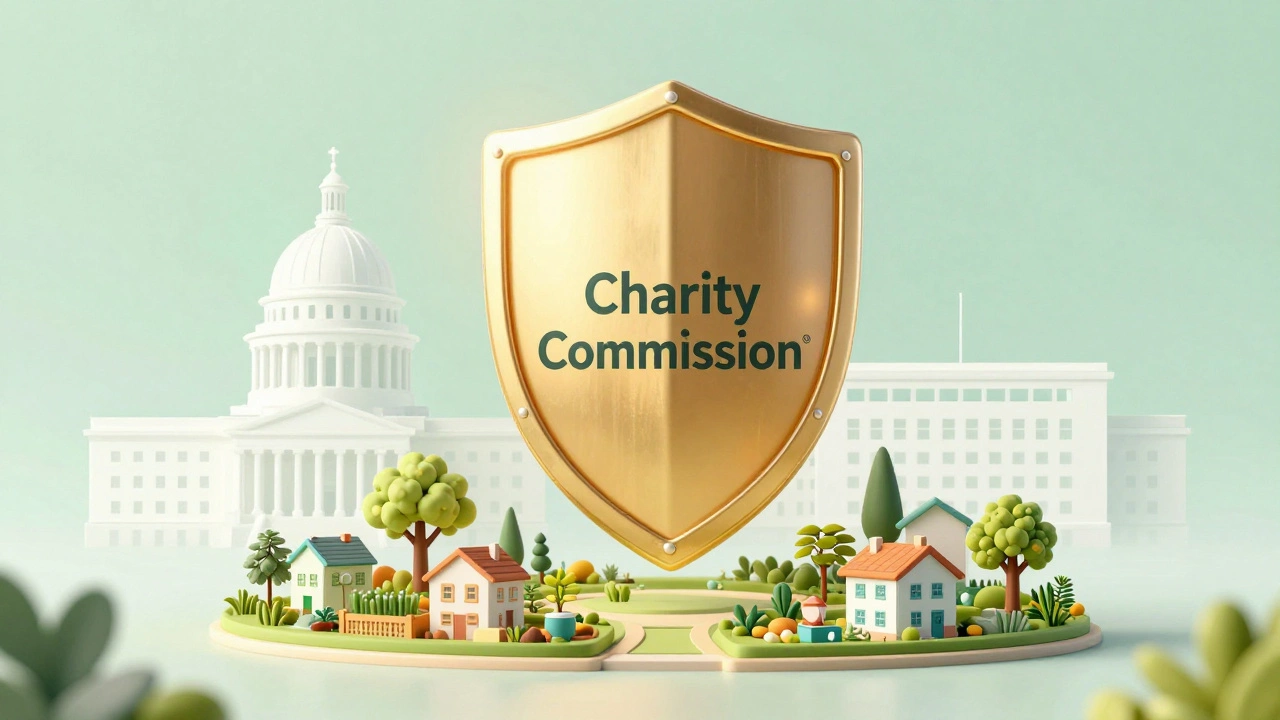 A golden shield protecting a community garden, symbolizing legal regulation of a charitable trust.