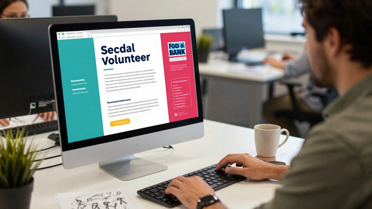 A graphic designer creating a promotional flyer for a food bank at a desk