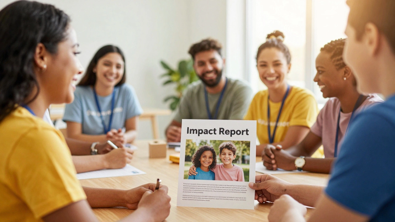 A group of happy volunteers connecting over a visible impact report of their work
