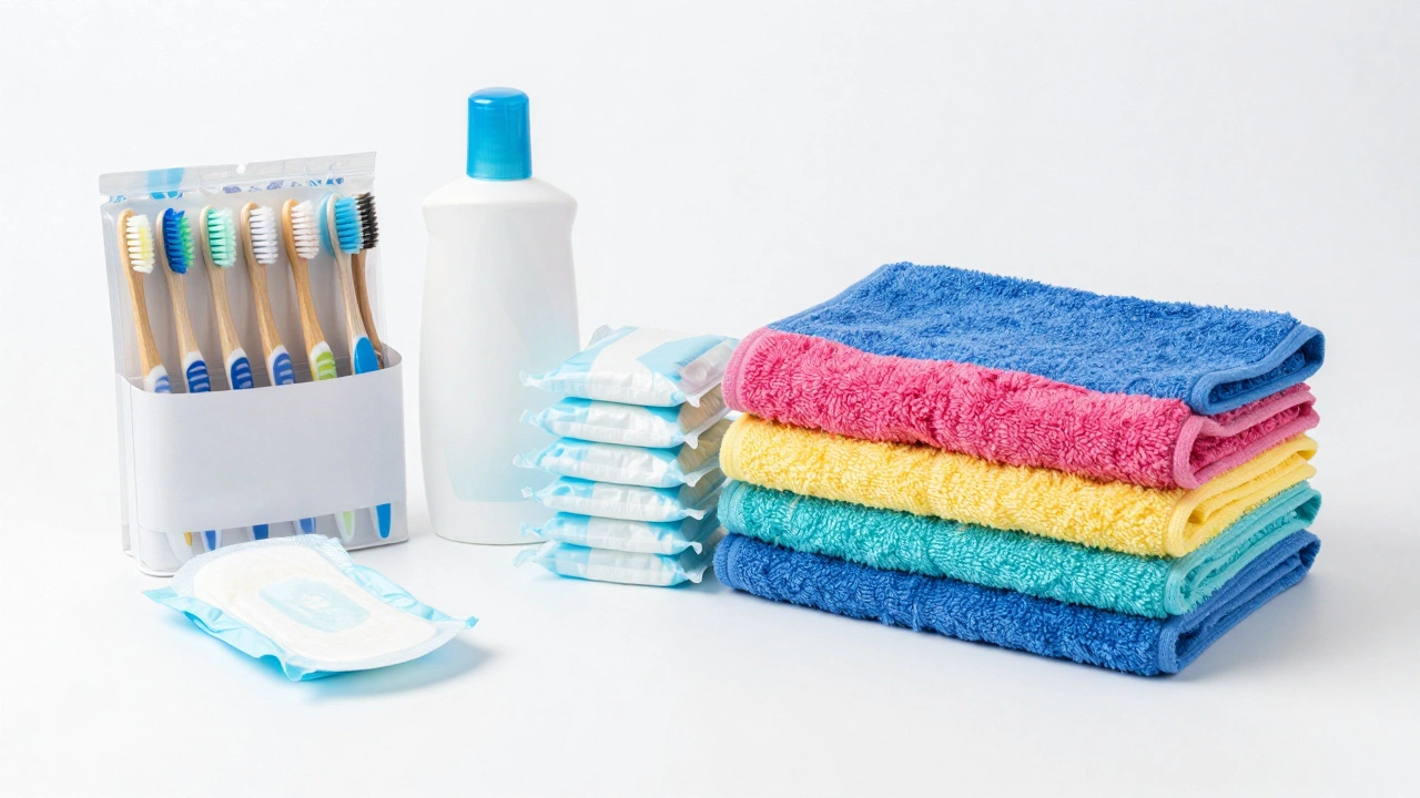 A neat arrangement of new toiletries and clean towels on a white background