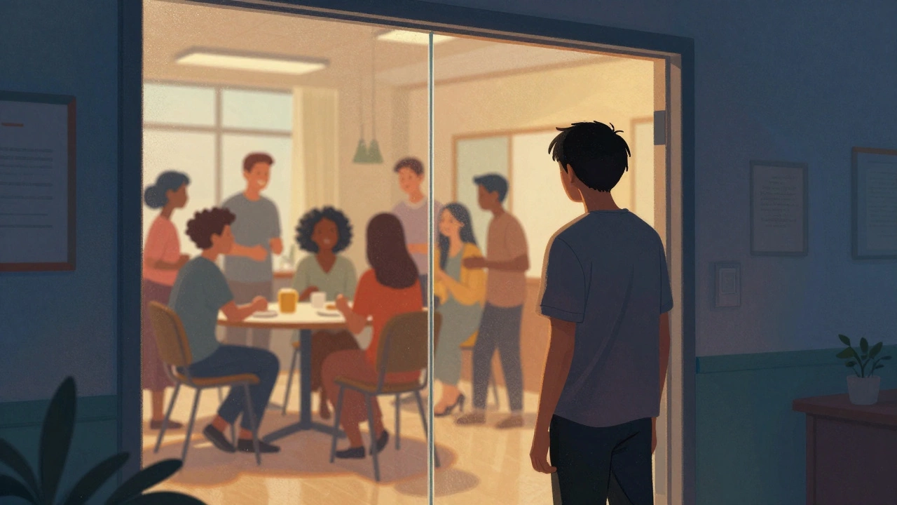 A person standing behind a symbolic glass wall, hesitant to enter a crowded social room.