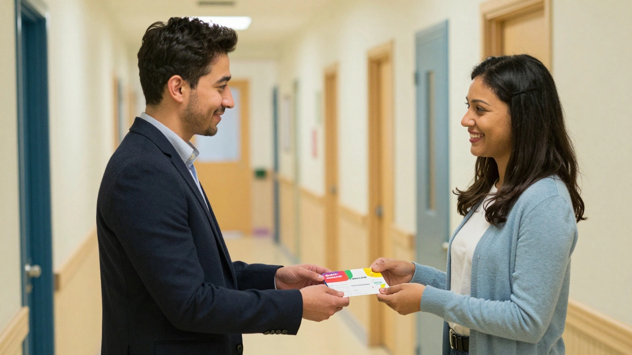 A program director giving a referral kit to a school teacher in a hallway