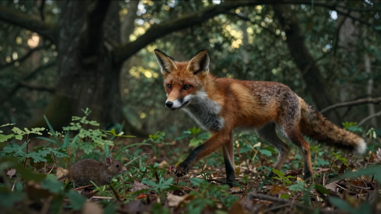 A red fox hunting a small mouse in a dappled forest setting