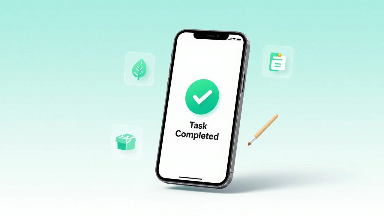 A smartphone displaying a micro-volunteering app with holographic icons of social causes.