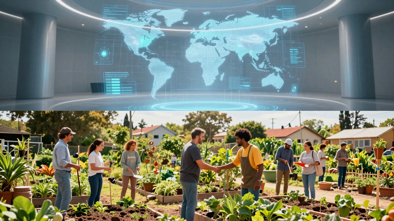 A split scene showing a global data map above a sunny community garden with volunteers.