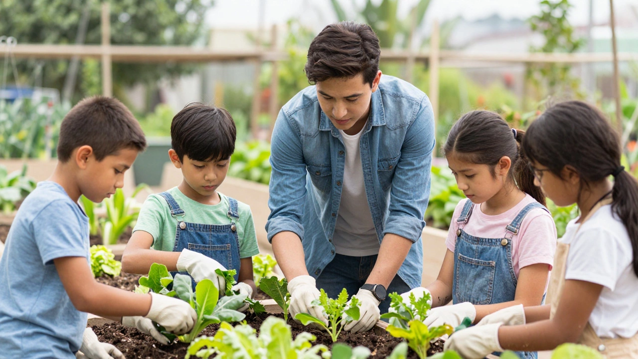 A teenage mentor teaching younger children how to plant in a sustainable urban garden.